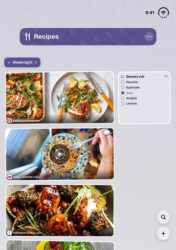 ToMe on iPhone Duo, open, held tall: the Recipes space in one column on the big screen