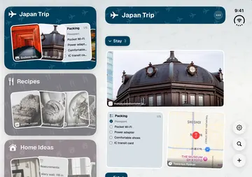 ToMe on iPhone Duo, open, held wide: Spaces in a column beside the open Japan Trip space
