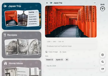 ToMe on iPhone Duo, open, held wide: Spaces in a column beside an open photo with its tags