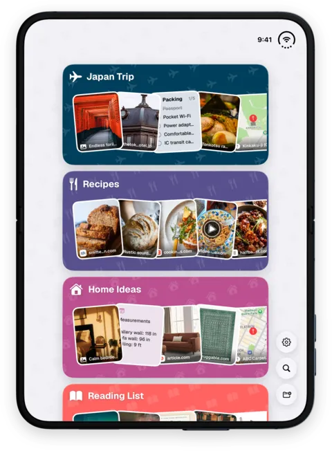 ToMe on iPhone Duo, open, held tall: the home of Spaces in one column on the big screen