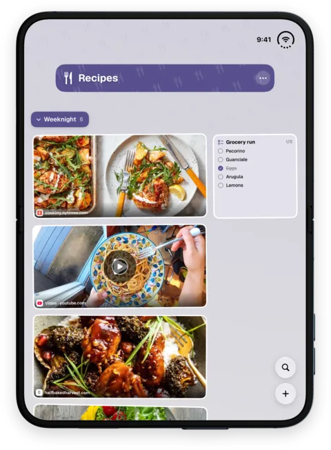 ToMe on iPhone Duo, open, held tall: the Recipes space in one column on the big screen