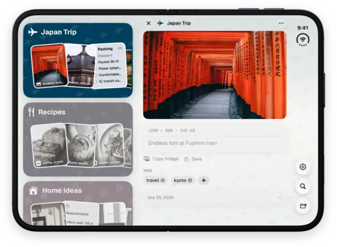 ToMe on iPhone Duo, open, held wide: Spaces in a column beside an open photo with its tags