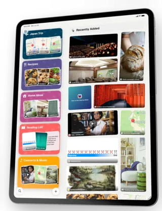 ToMe on a iPad, angled — ToMe home screen with colorful folder cards for Japan Trip, Recipes, Home Ideas and Reading List