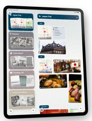 ToMe on a iPad, angled — The Japan Trip space, its items grouped into Stay and Eat sections