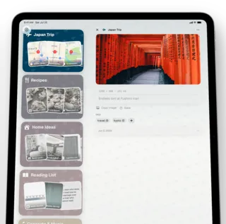 ToMe on a iPad, angled — A saved photo with its caption, tags and date