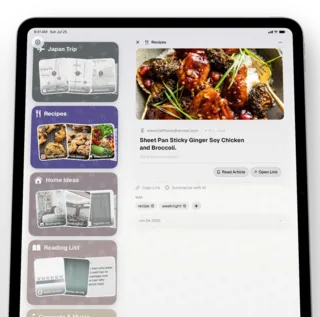 ToMe on a iPad, angled — A saved recipe link with its preview, Read Article button and tags