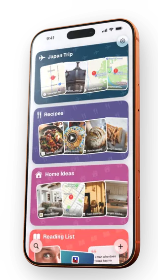 ToMe on a iPhone, angled — ToMe home screen with colorful folder cards for Japan Trip, Recipes, Home Ideas and Reading List