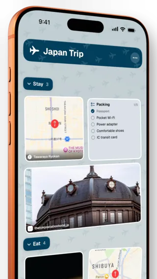 ToMe on a iPhone, angled — The Japan Trip space, its items grouped into Stay and Eat sections