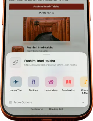 ToMe on a iPhone, angled — The ToMe share sheet over a Safari page, offering a row of spaces to save into