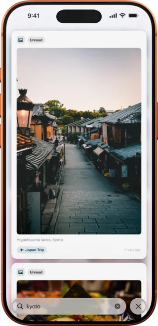 ToMe on a iPhone, angled — Searching ToMe for “kyoto” and matching saved photos