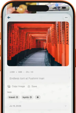 ToMe on a iPhone, angled — A saved photo with its caption, tags and date