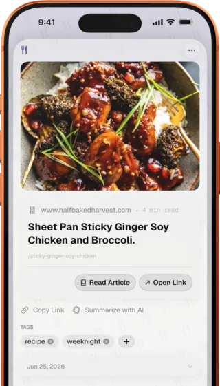 ToMe on a iPhone, angled — A saved recipe link with its preview, Read Article button and tags