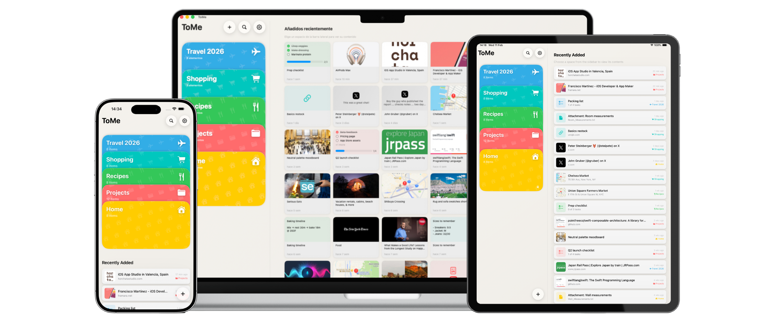 ToMe running on iPhone, iPad and Mac, synced over iCloud