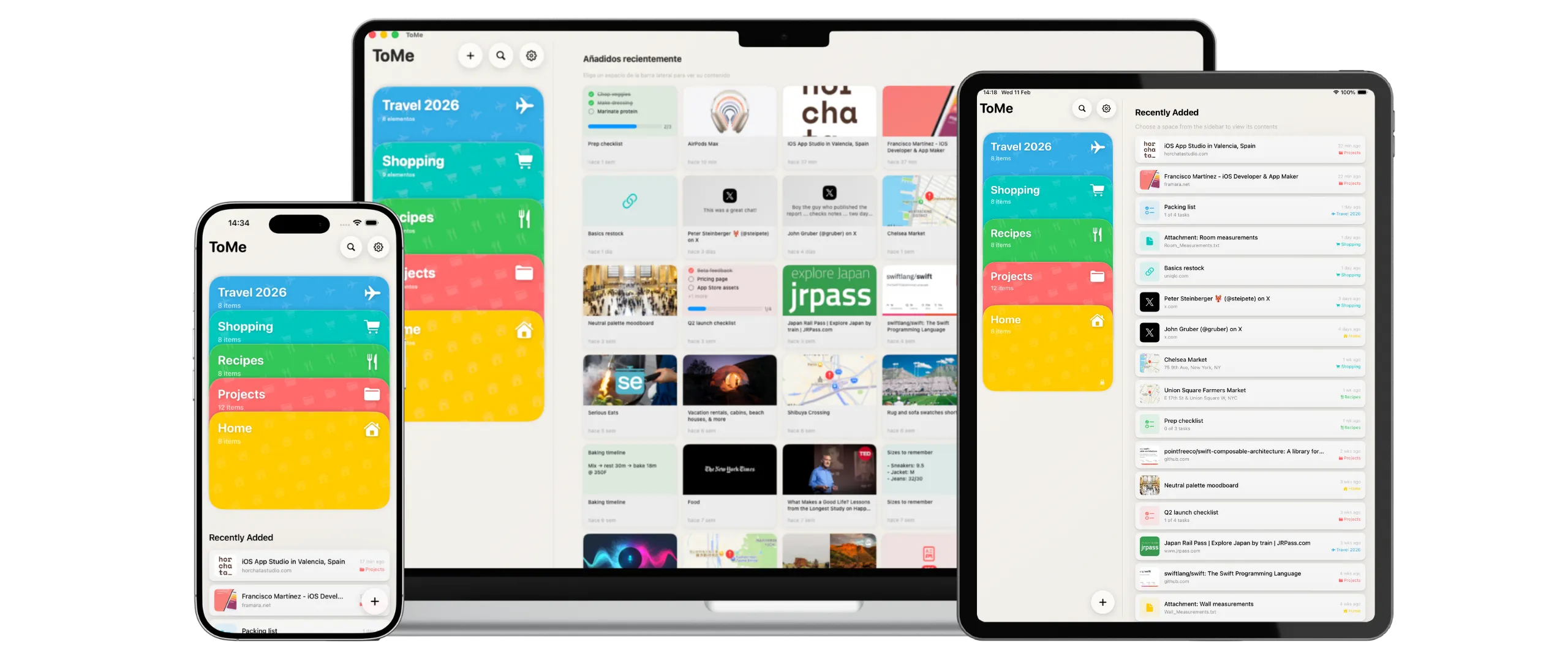ToMe running on iPhone, iPad and Mac, synced over iCloud