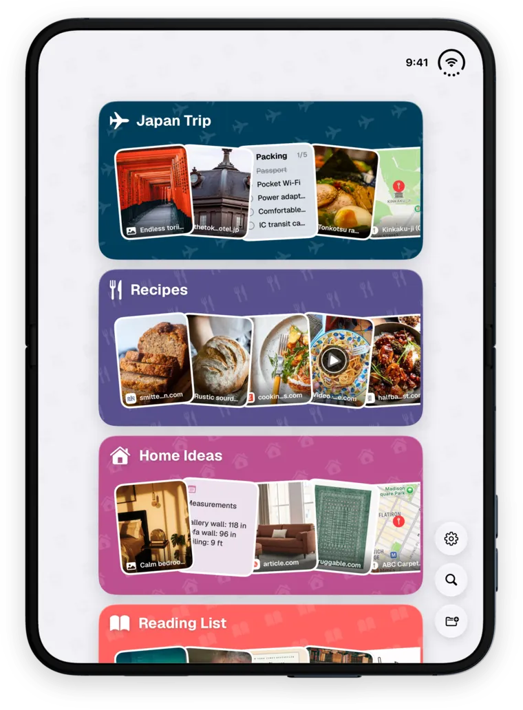 ToMe on iPhone Duo held open and tall: the home of Spaces in one column on the big screen