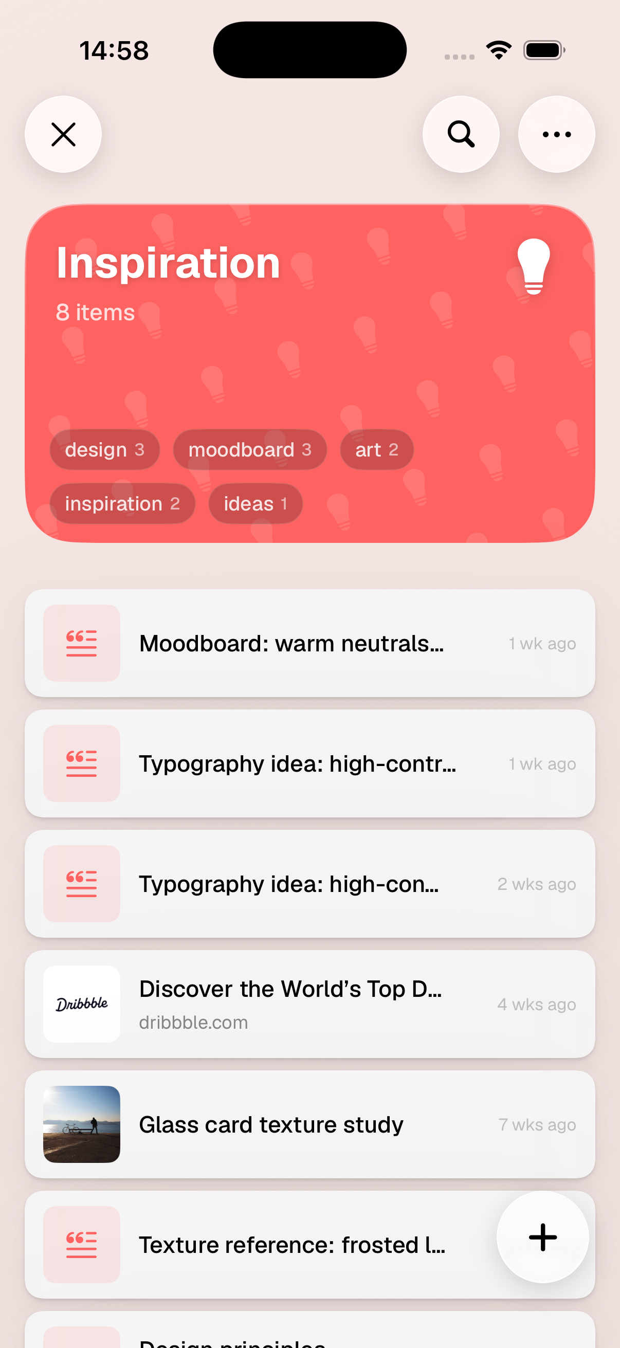 A ToMe space showing saved items grouped with tags and sections