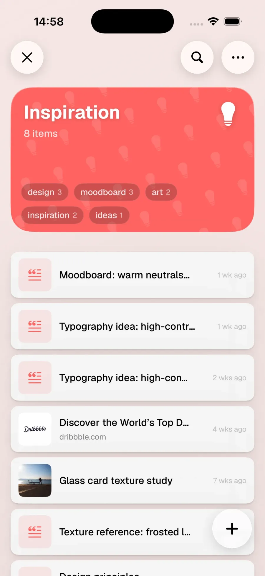 A ToMe space showing saved items grouped with tags and sections
