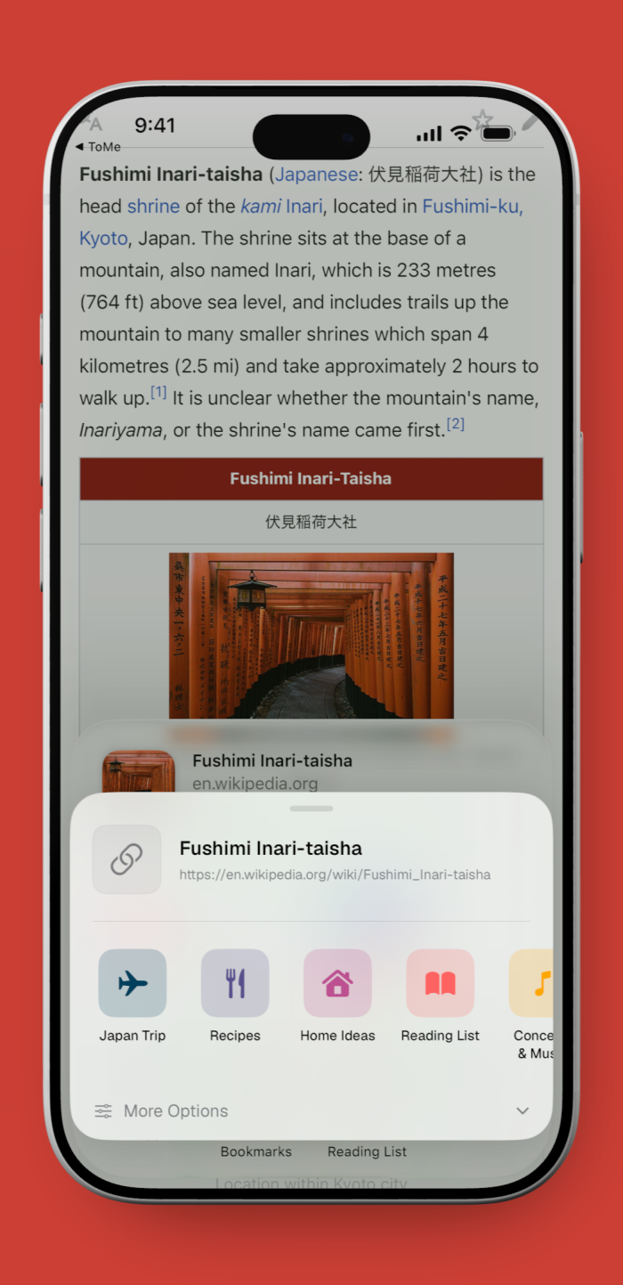 The iOS share sheet with ToMe's Spaces in a row, on an iPhone