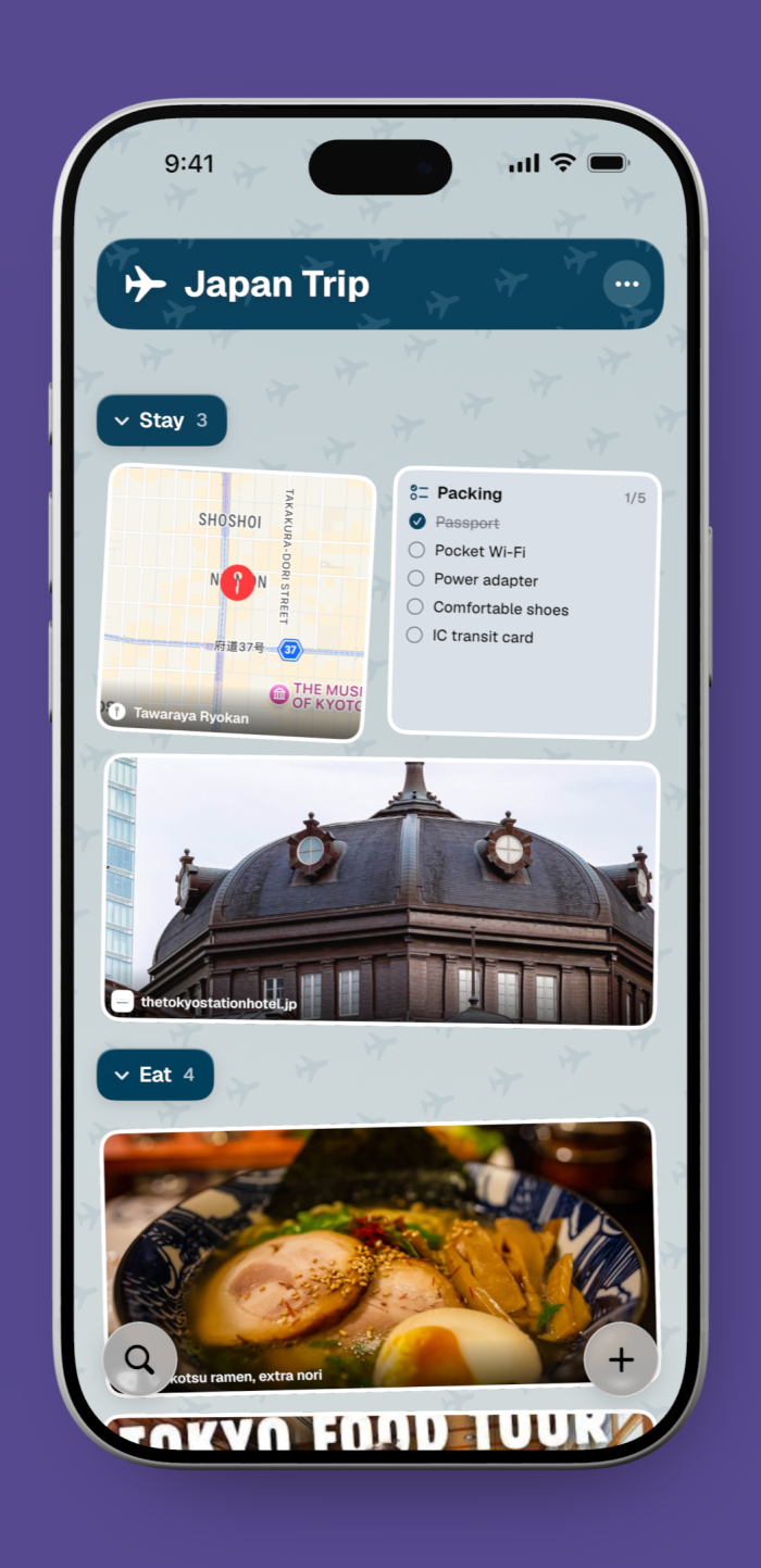 Inside a ToMe Space, with sections and tags, on an iPhone