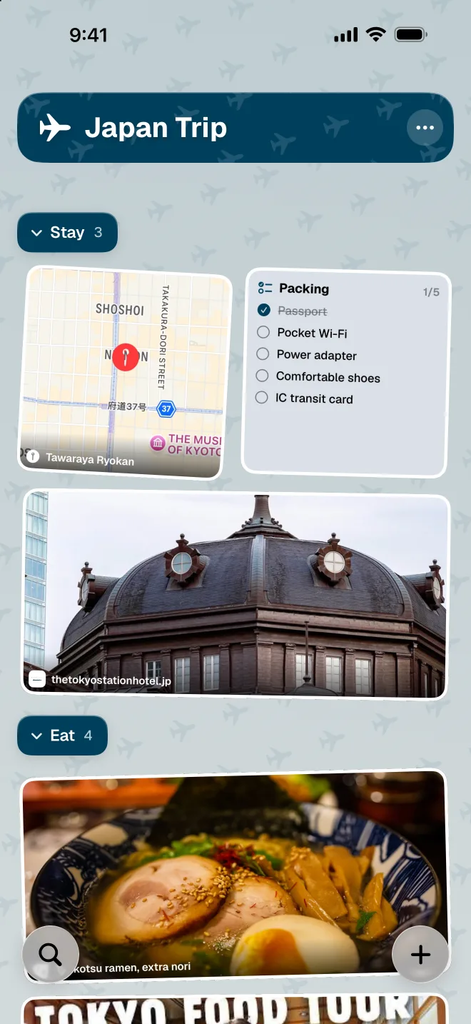 A ToMe space showing saved items grouped with tags and sections