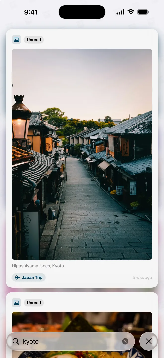 Searching ToMe for “kyoto”, with matching saves listed above the search field